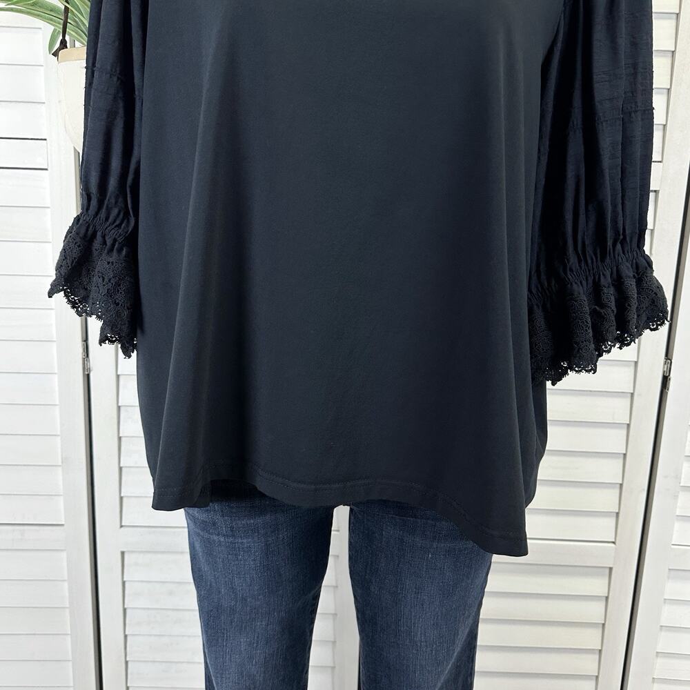 Laura Ashley Black Short Puff Sleeve Lace Trim Blouse Top Tee Shirt Plus Size 2X - Picture 4 of 8